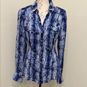 WHBM Blue Snakeskin Print Button Down Silk Shirt